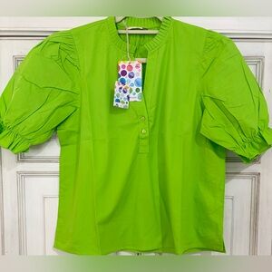 NWT SZ L Maude Vivante Bright Lime Green Puff Sleeve Blouse